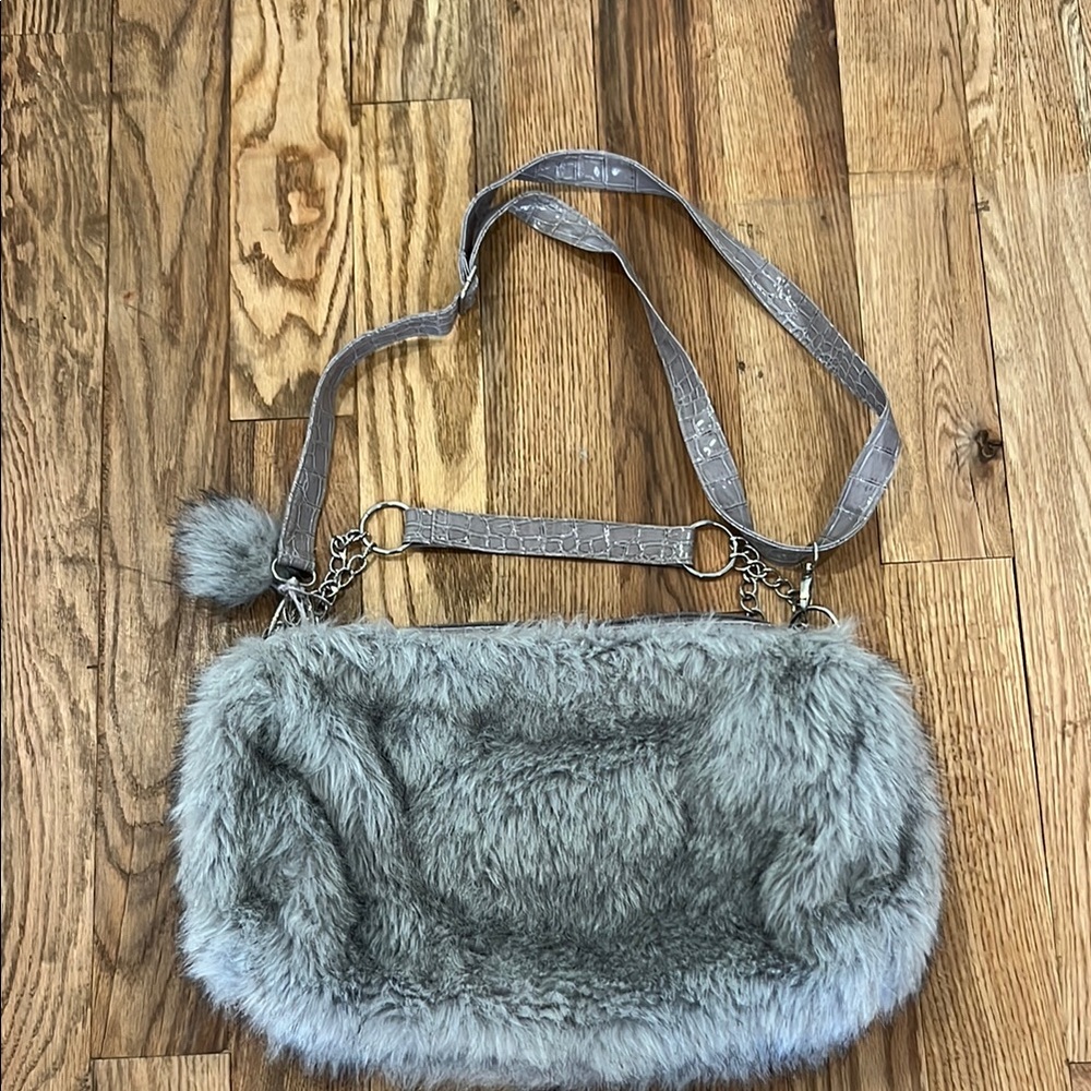 Gray Faux Fur Shoulder Bag Purse Satchel